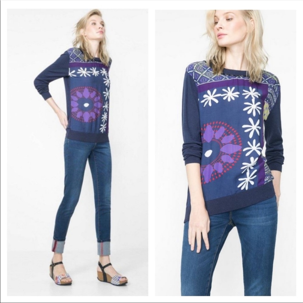 Desigual Precious Navy Mixed Media Floral Pullover Sweater M